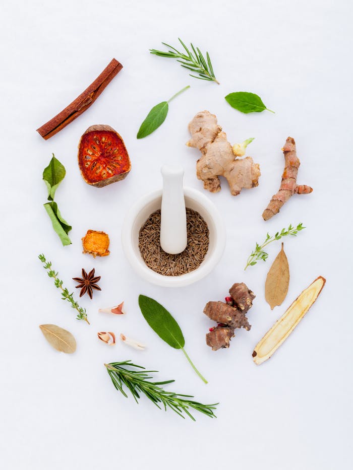 pexels-photo-256318 A flat lay of diverse spices and herbs surrounding a mortar and pestle on a white background.