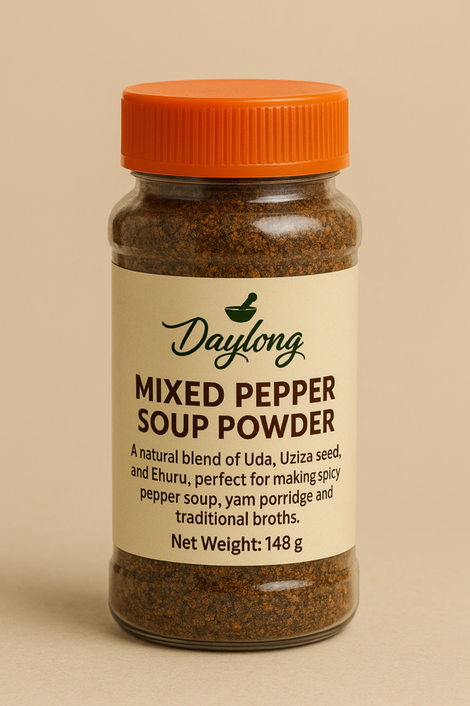 Daylong Cameroun pepper 148g shaker bottle — single-ingredient Piper guineense, NAFDAC-certified, produced in Kaduna